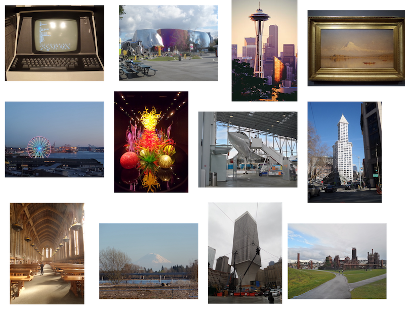 Photos of tourist attractions in Seattle dissociated from the geographical locations of these tourist attractions. The tourist attractions include: Living Computers, Museum of Pop Culture, Space Needle, Seattle Museum of Art, Pike Place, Chihuly Glass and Garden, Museum of Flight, Smith Tower, Rainier Tower, University of Washington, Mount Rainier, and Gas Works Park.