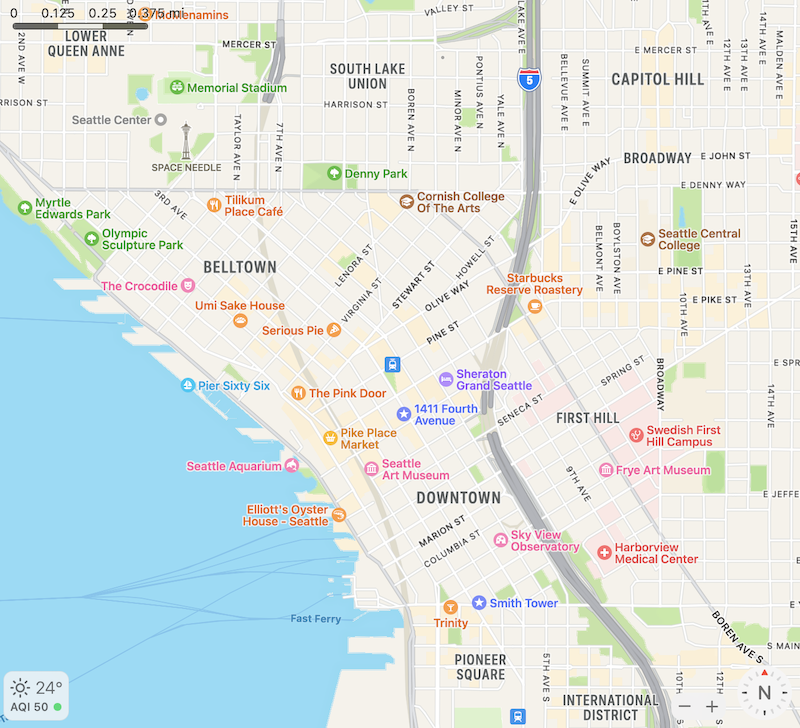 A map of central Seattle with places of interest and neighborhoods labeled.