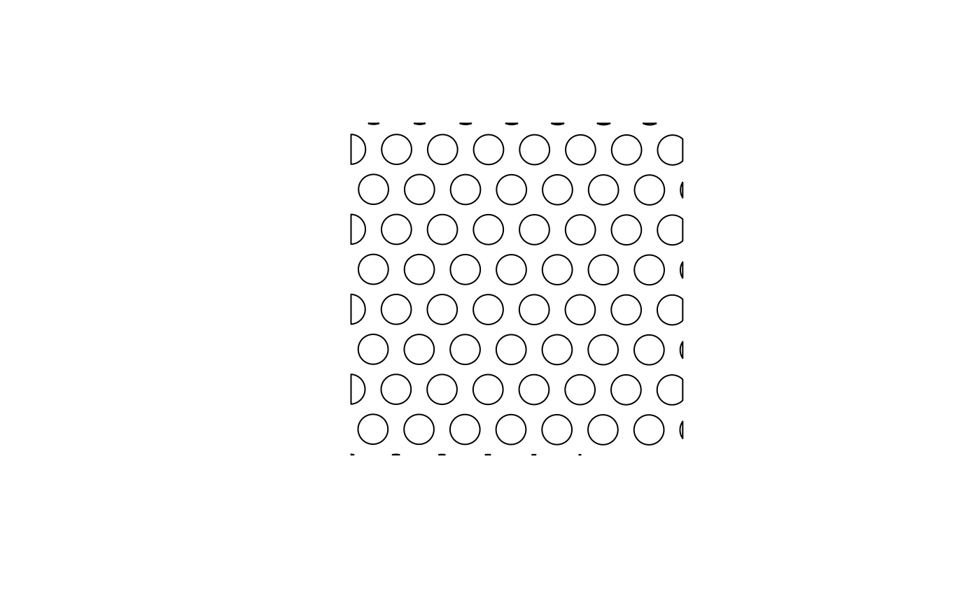 Hexagonal grid of Visium spots in this example dataset, plotted as polygons. Somes of the spots are cropped off at the border of this dataset.