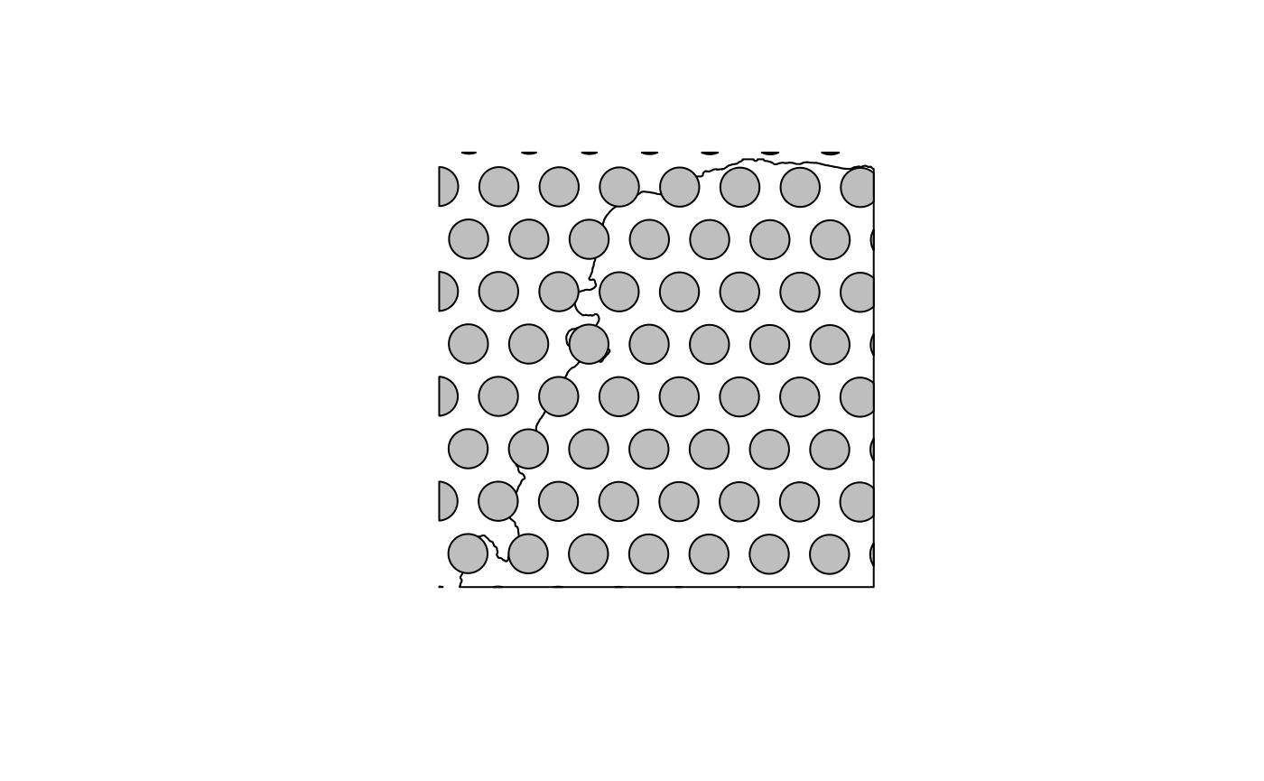 Plot of Visium spot polygons overlaid on the tissue boundary polygon; spots not on tissue are shown.